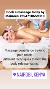 Here are some of the massage benefits you'll get after your session.

1. Alievate lower back pain and improve range of motion
2. Enhance immunity by stimulating lymph flow - the body's natural defense system.
3. Improve the condition of the body's largest organ - the skin
4. Promotes Tissue regeneration, reducing scar tissue and stretch marks
5. Reduce postsurgery adhesions and swelling
6. Pump oxygen and nutrients into Tissues and vital organs, improving circulation.
7. Relax and soften injured, tired and over used muscles
8. Release endorphins - amino acids that work as the body's natural painkiller
9. Increase joint flexibility
10. Ease medication dependence
11. Reduce spasm and cramping
12. Lessen depression and anxiety
13. Relieve migraine pain.

Call +254718659310

WhatsApp wa.me/254718659310 to book for a session

Website www.nairobimasseuse.co.ke

#massage #nairobi #massagenairobi #massagebenefits