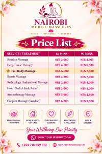#1 guide to massage rates in Nairobi. Transparent pricing for home, hotel, deep tissue, Swedish & couples sessions. Book on WhatsApp!