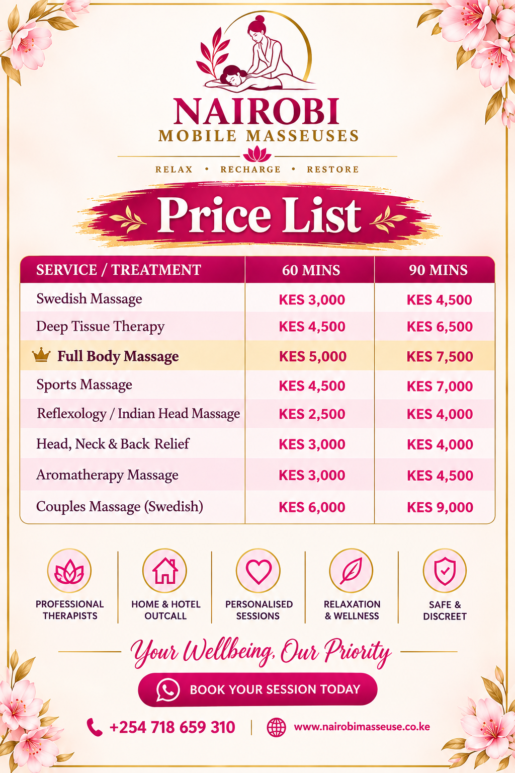 #1 guide to massage rates in Nairobi. Transparent pricing for home, hotel, deep tissue, Swedish & couples sessions. Book on WhatsApp!