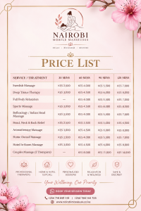 #1 guide to massage rates in Nairobi. Transparent pricing for home, hotel, deep tissue, Swedish & couples sessions. Book on WhatsApp! 