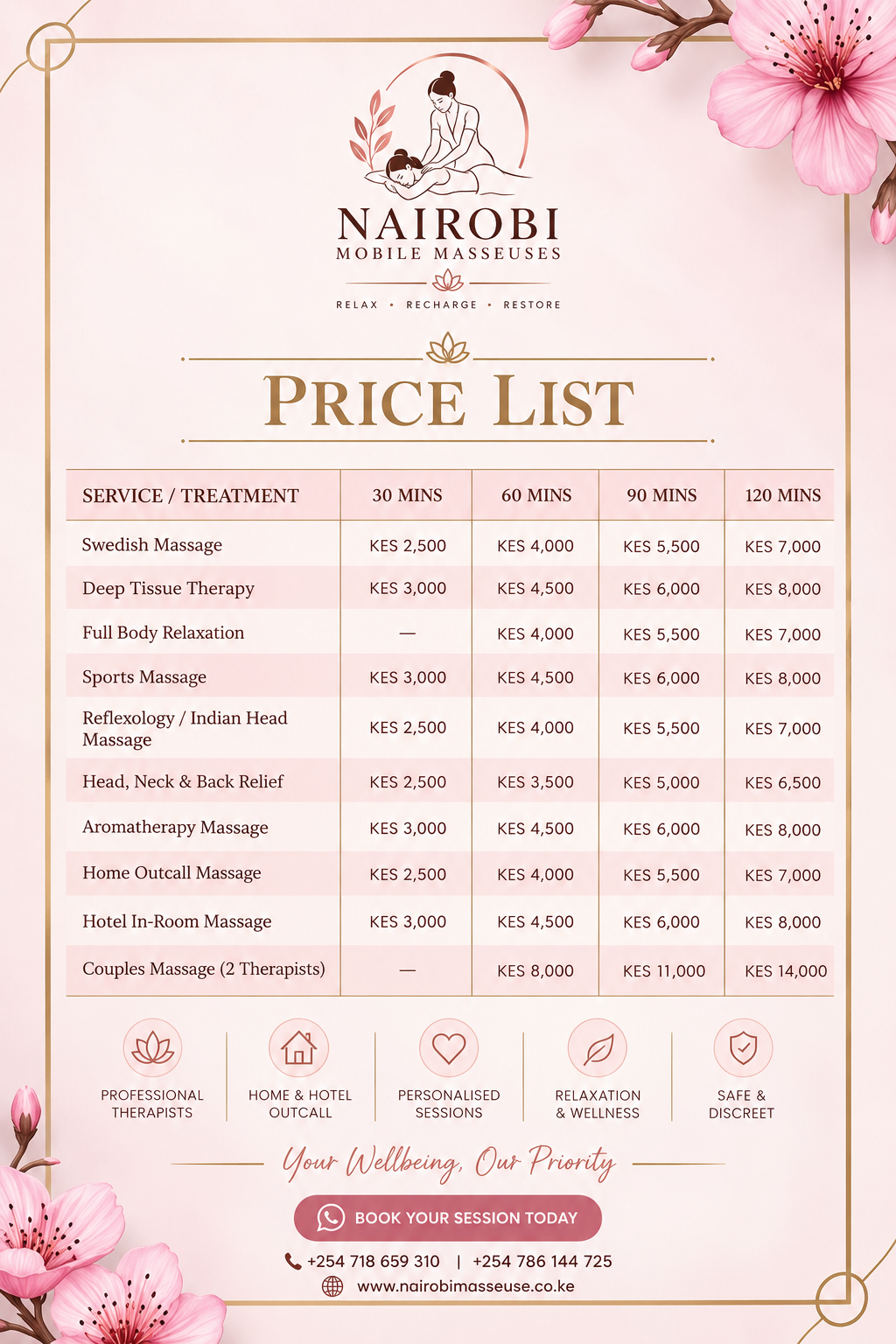 #1 guide to massage rates in Nairobi. Transparent pricing for home, hotel, deep tissue, Swedish & couples sessions. Book on WhatsApp!